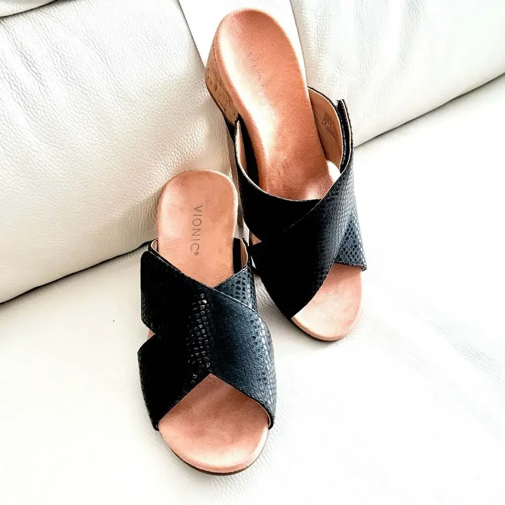 Vionic Leticia Black Lizard Embossed Cork Wedge Sandals